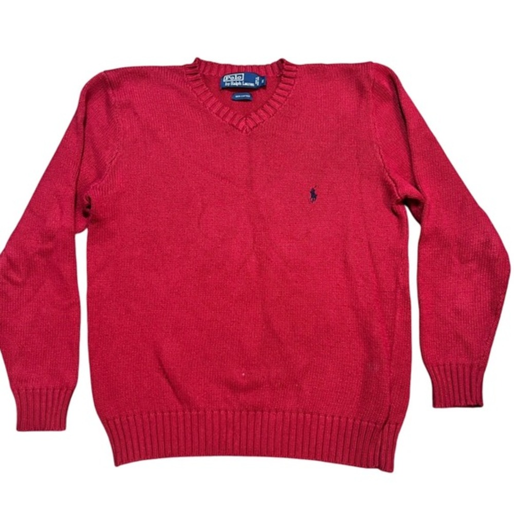 Polo Ralph Lauren Red Cotton V Neck‎ Knit Sweater Men's Size S